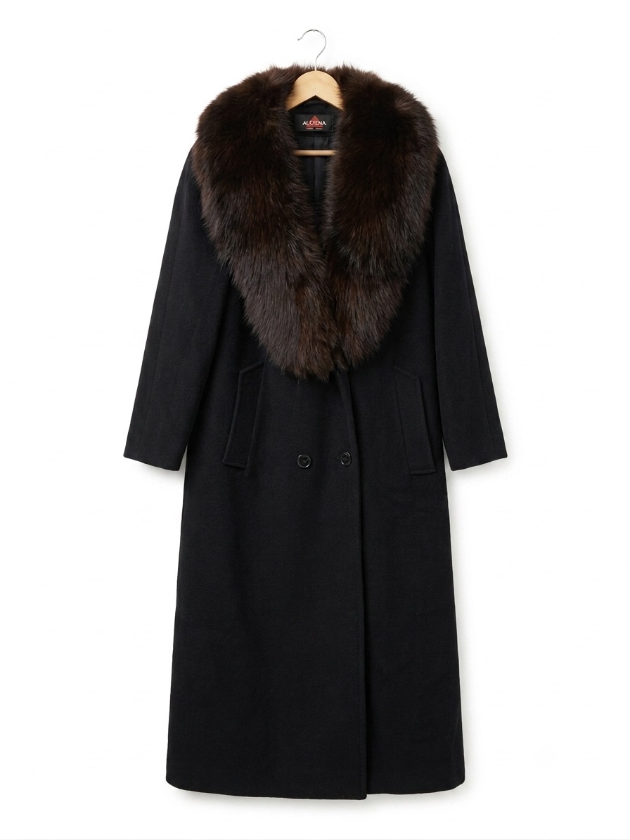 Vtg Alorna 100% Pure Wool Black Trench Coat Genuine Fur Collar Unite Union Usa